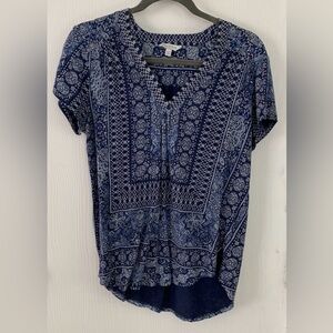 Lucky Brand Blue and White Relaxed Embellished Blouse